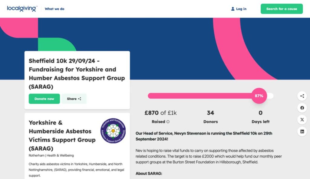 Sheffield 10K Fundraising - Yorkshire & Humberside Asbestos Victims Support Group (SARAG) on localgiving
